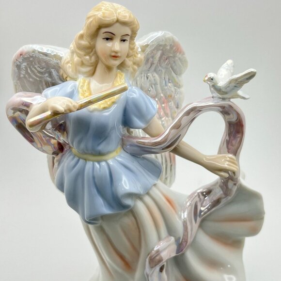 Vintage Porcelain Angel Figurine Playing Flute and Dove Iridescent Musician Gift - Picture 7 of 7